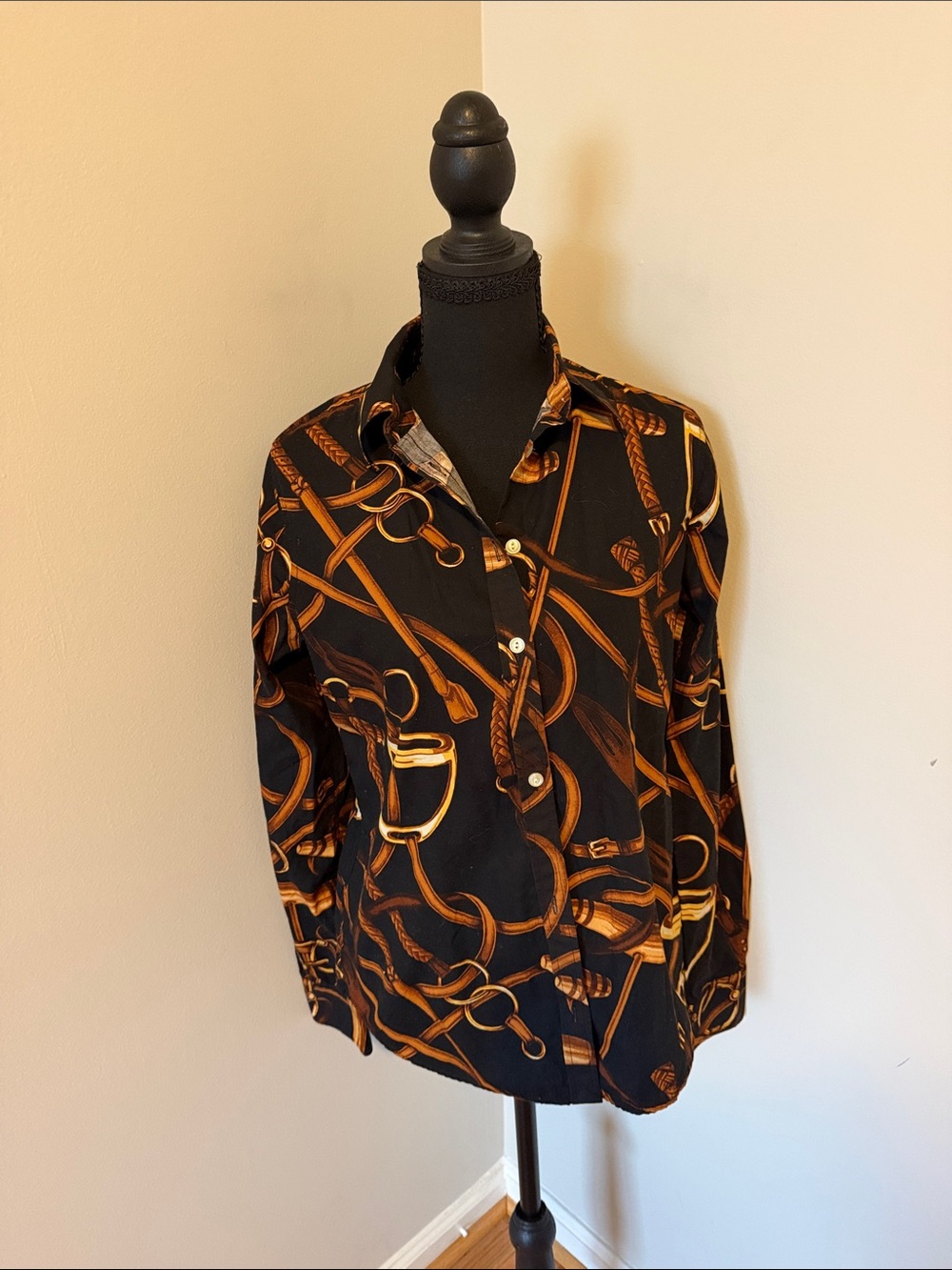 Ralph Lauren Black Shirt Jacket with Brown & Gold Equestrian Print